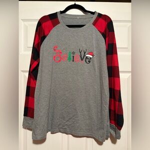 2xl raglan checked shirt with “believe”